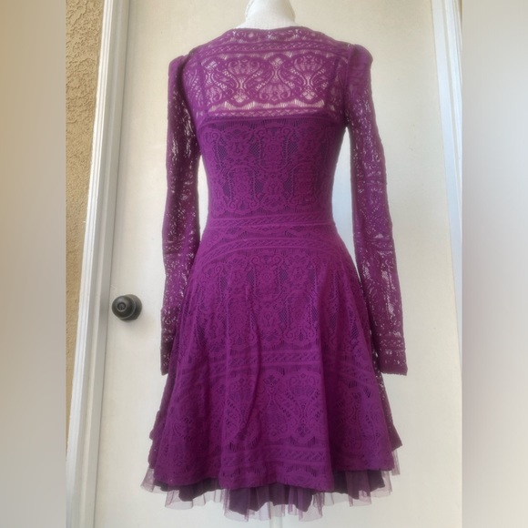 y2k free people magenta mesh & lace fit & flare long sleeve dress sz. xs - Picture 9 of 16